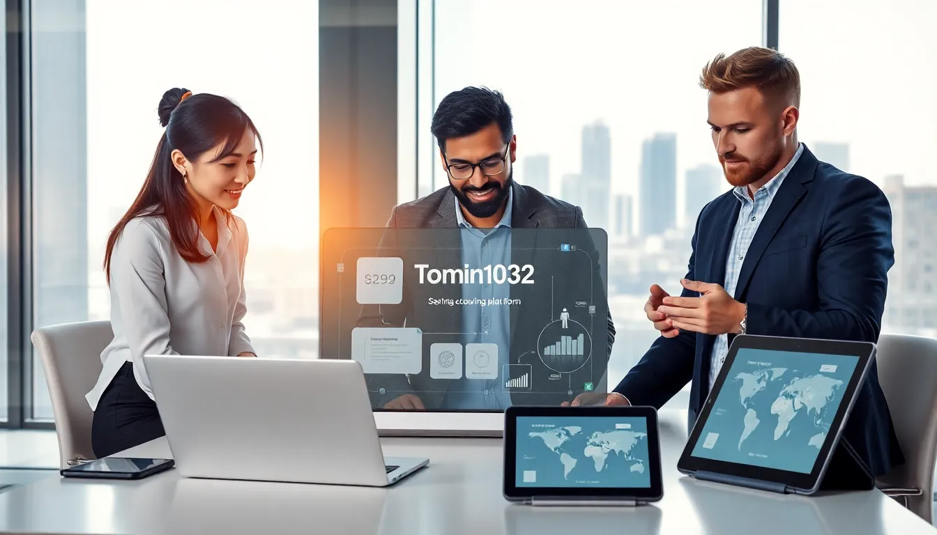 diverse team collaborating on the Tomin1032 platform in a modern office.